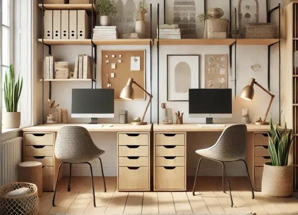 Ufficio domestico con due scrivanie in stile scandi progettato da ChatGPT